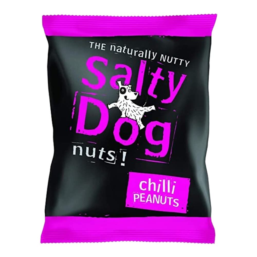 Black and magenta packet of Salty Dog Chilli Peanuts with white terrier dog logo and bold pink text on plain background