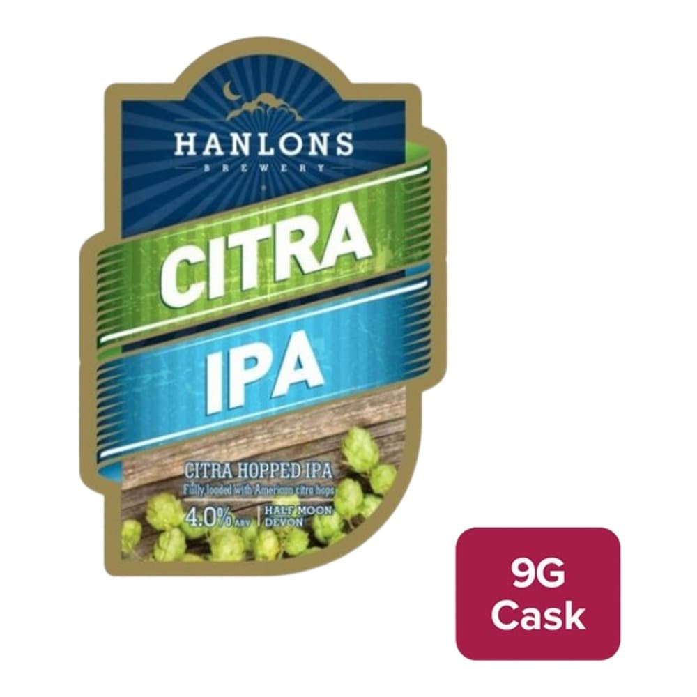 Hanlons Brewery Citra IPA beer cask label featuring gold border, blue and green colour blocking, and hop imagery