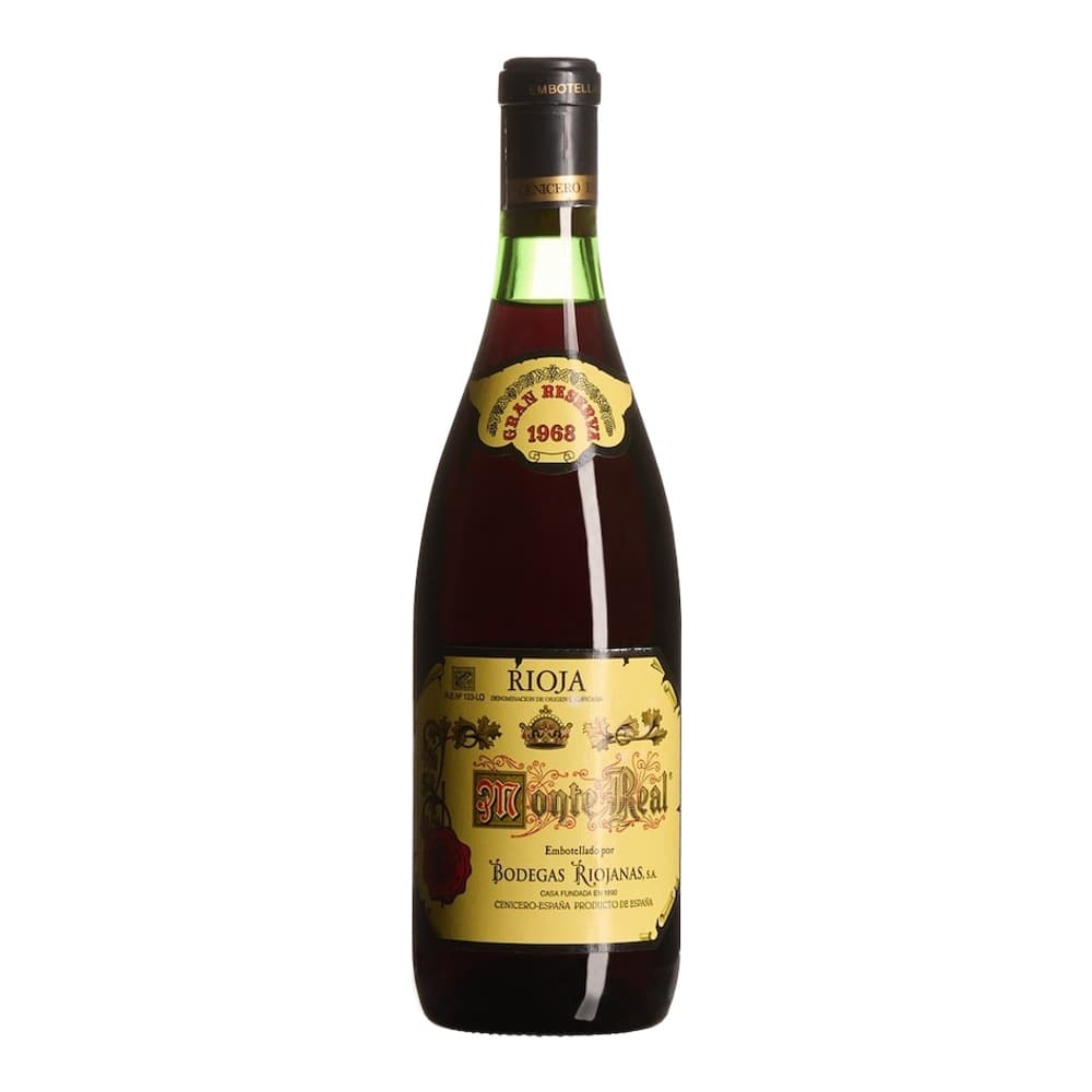 A bottle of Monte Real Rioja red wine from 1968, featuring a dark glass bottle with a gold and red label, photographed against a white background.