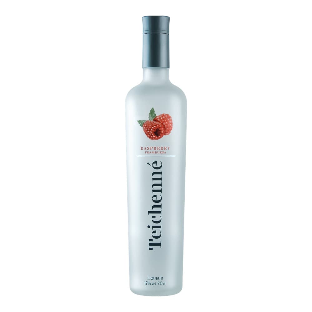Frosted glass bottle of Teichenne raspberry liqueur with blue cap, featuring raspberry fruit illustration and label showing 17% vol 70cl