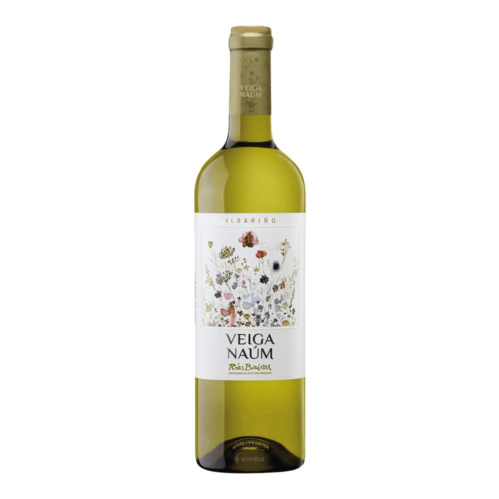 A bottle of Veiga Naum Albariño white wine from Rías Baixas, featuring a pale yellow wine and decorative floral label design on a white background.
