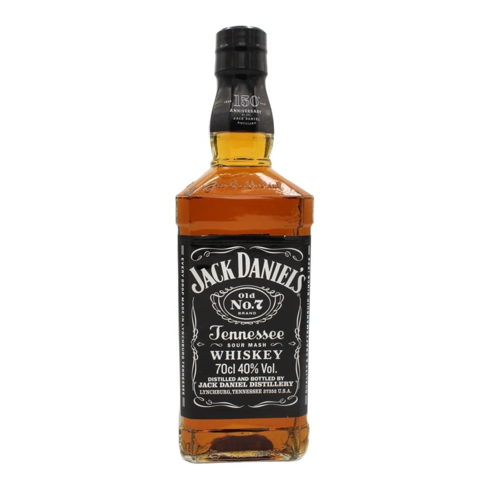 A bottle of Jack Daniel's Old No. 7 Tennessee Sour Mash Whiskey against a plain white background, featuring the iconic black label and amber-coloured liquid.