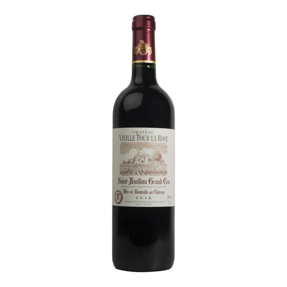 A bottle of Château Vieille Tour La Rose Saint-Émilion Grand Cru 2016 red wine with burgundy foil capsule and cream-coloured label featuring an engraving of a château, isolated on a white background.
