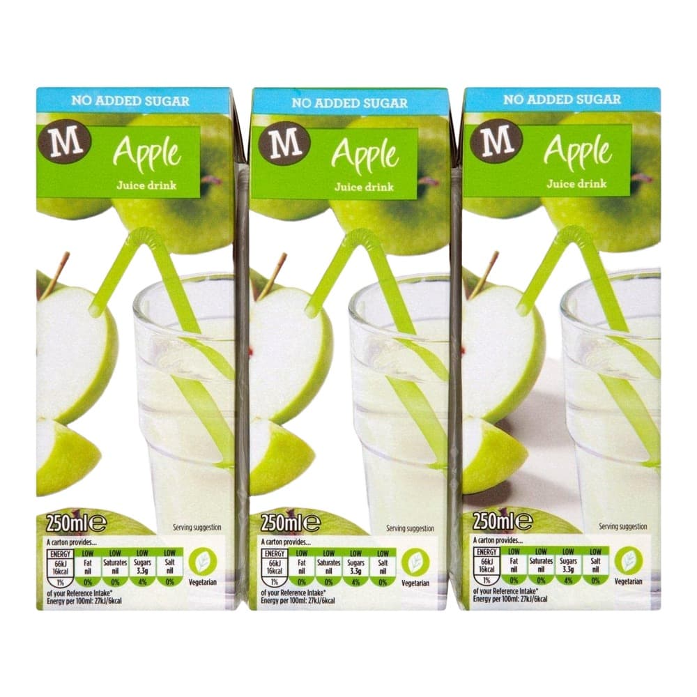 Three 250ml cartons of M brand apple juice drink with no added sugar, featuring green and white packaging with apple imagery and a glass of pale juice