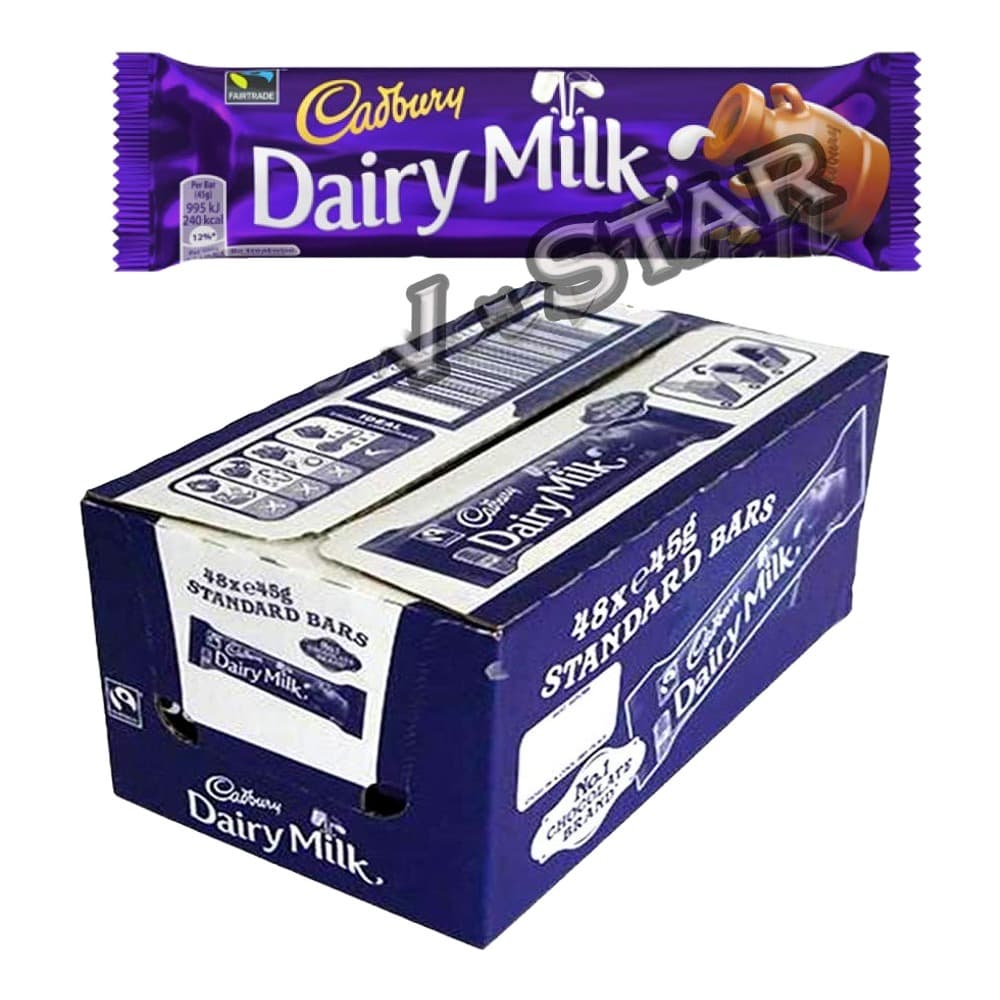 Cadbury Dairy Milk chocolate bar multipack containing 48 standard bars, featuring the iconic purple packaging with product imagery