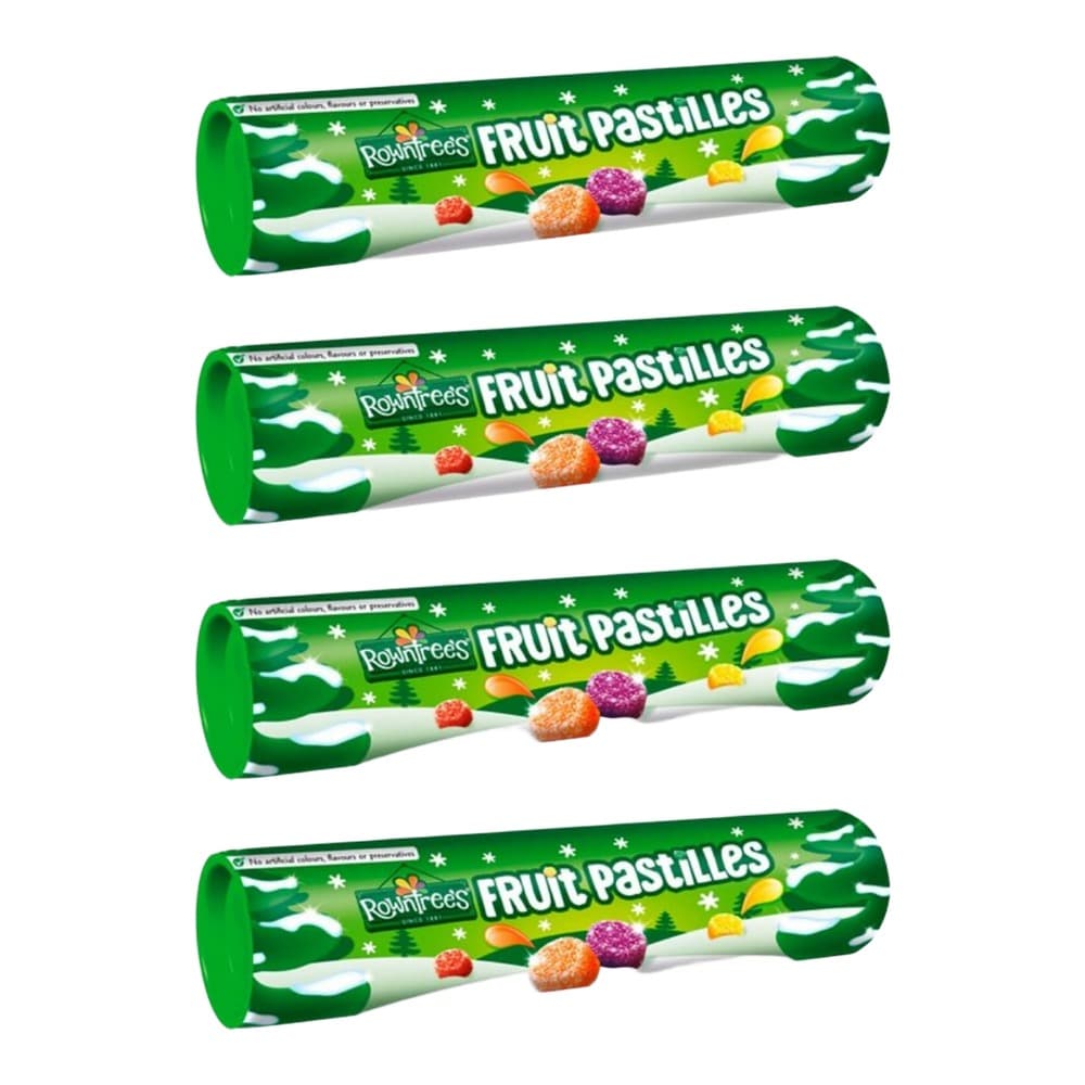 Four green tubes of Rowntrees Fruit Pastilles sweets arranged vertically against a white background