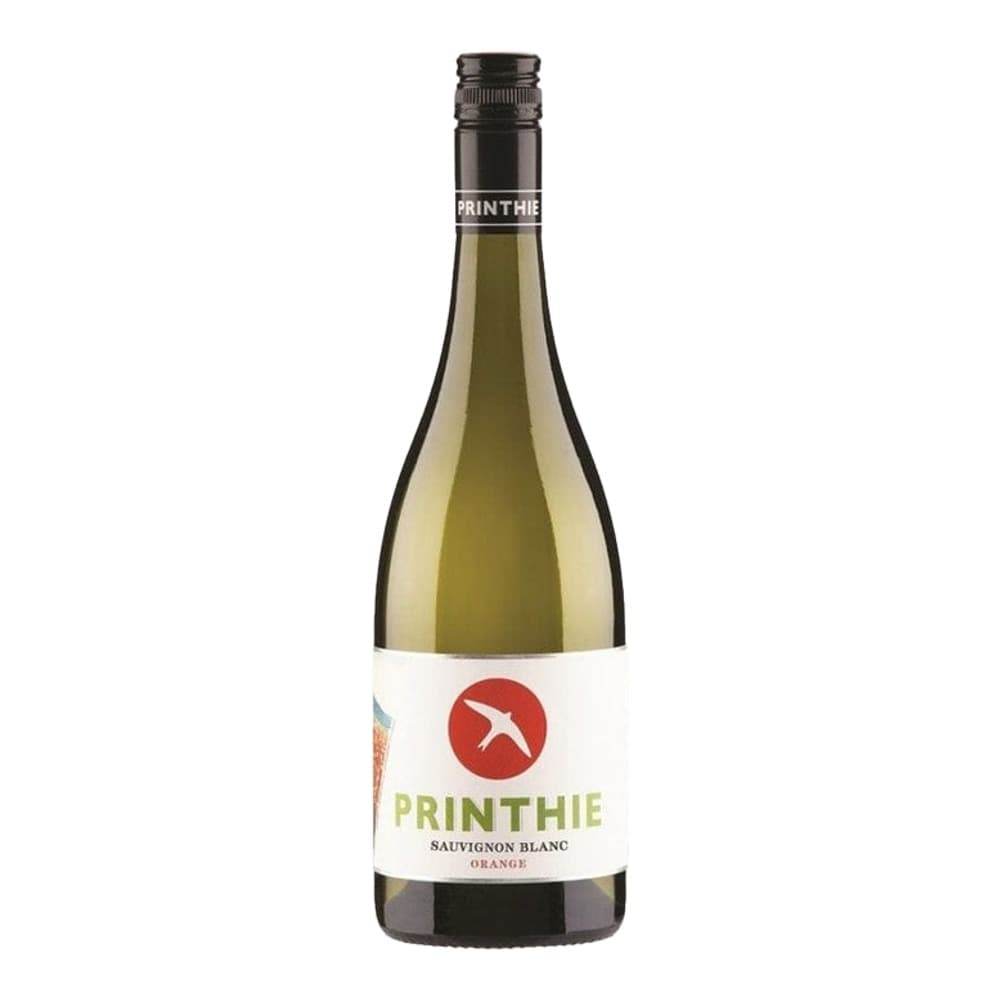 A bottle of Printhie Sauvignon Blanc Orange wine with a white label featuring a red circle logo and a seagull, displayed against a plain white background.