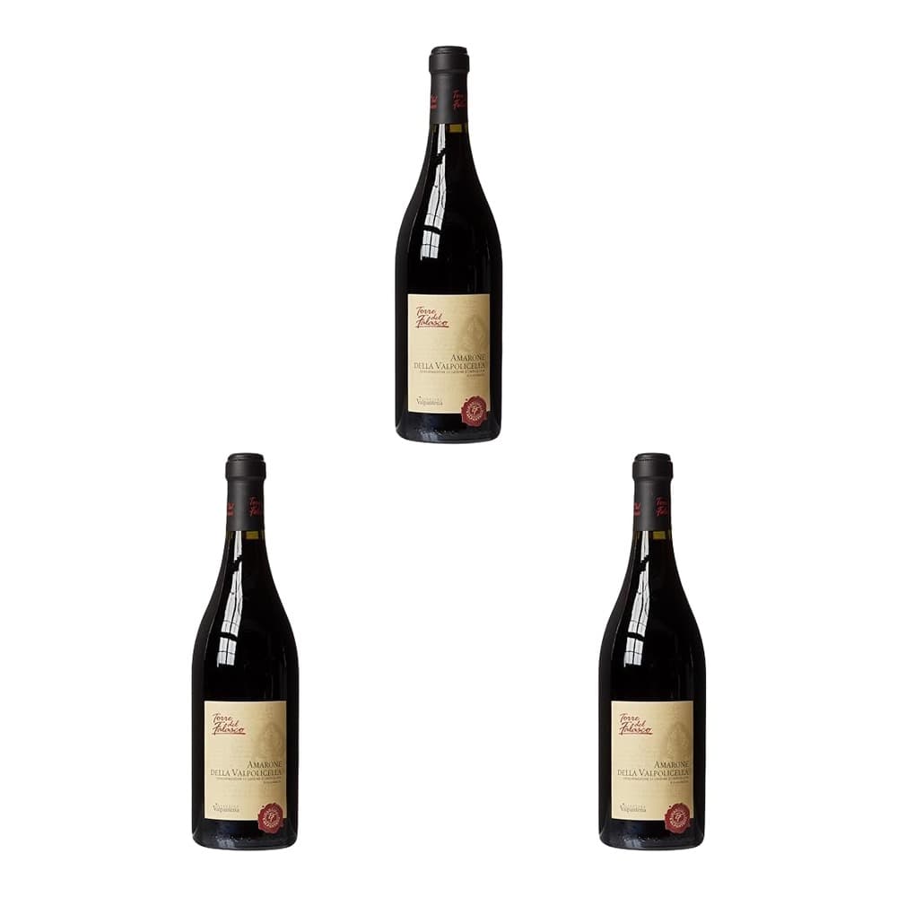 Three bottles of Terre Falzari Amarone Della Valpolicella red wine displayed on a white background