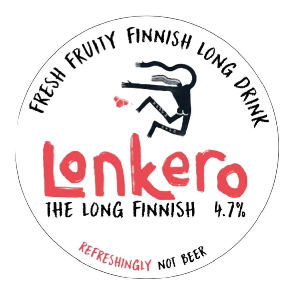 Circular product label for Lankero long drink showing brand name in red lettering with a silhouetted figure, 4.7% alcohol content, and tagline 'The Long Finnish' on white background.