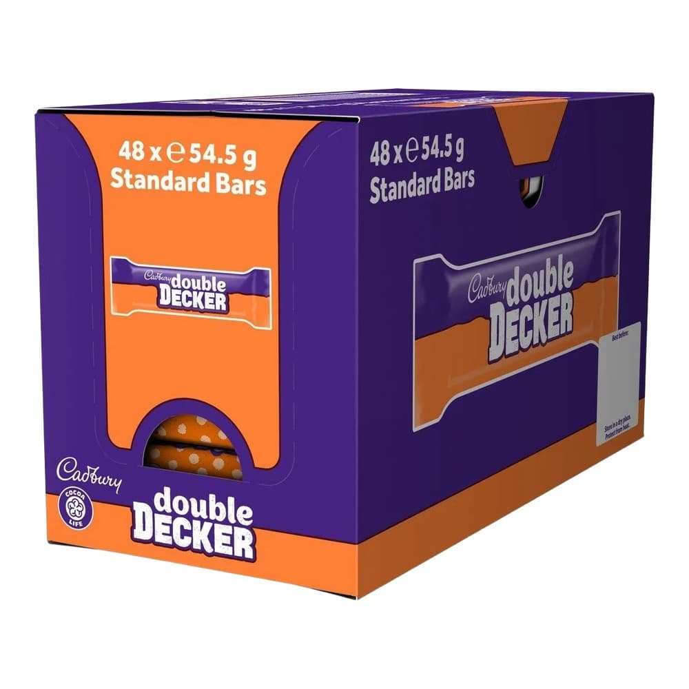Cardboard multipack box of Cadbury Double Decker chocolate bars with purple and orange branding, containing 48 standard bars of 54.5g each.