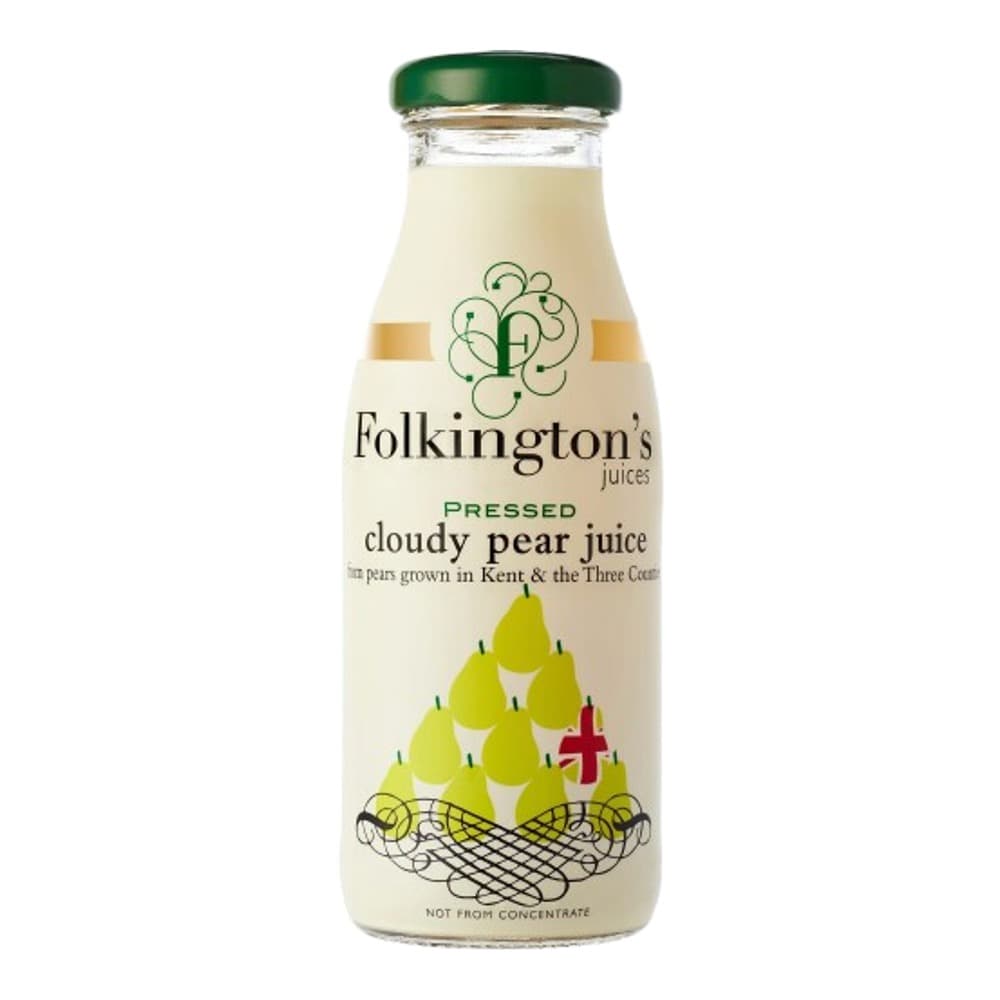 Glass bottle of Folkington's pressed cloudy pear juice with green cap on white background