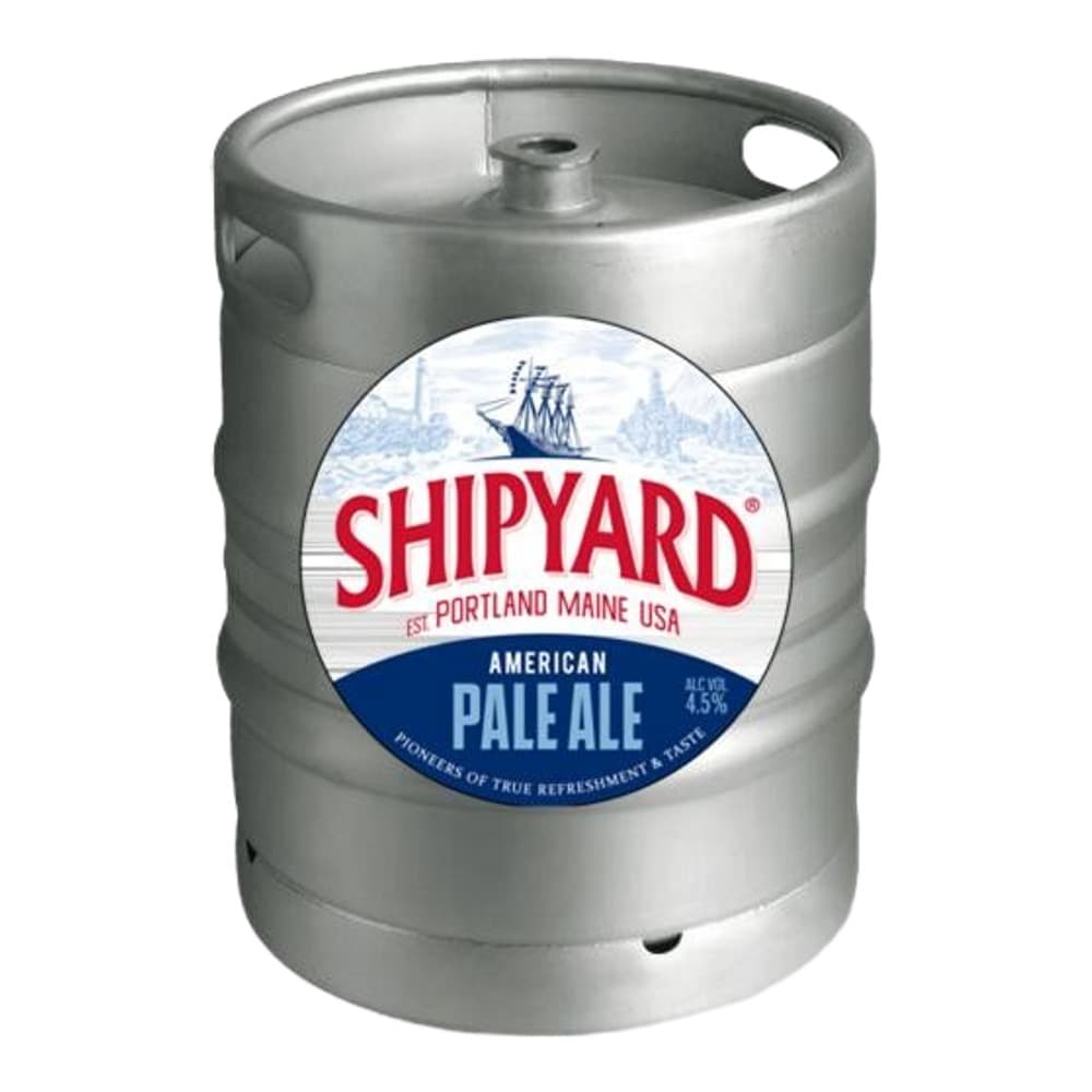 A silver metal beer keg with a Shipyard American Pale Ale label featuring a sailing ship logo, displayed against a white background.
