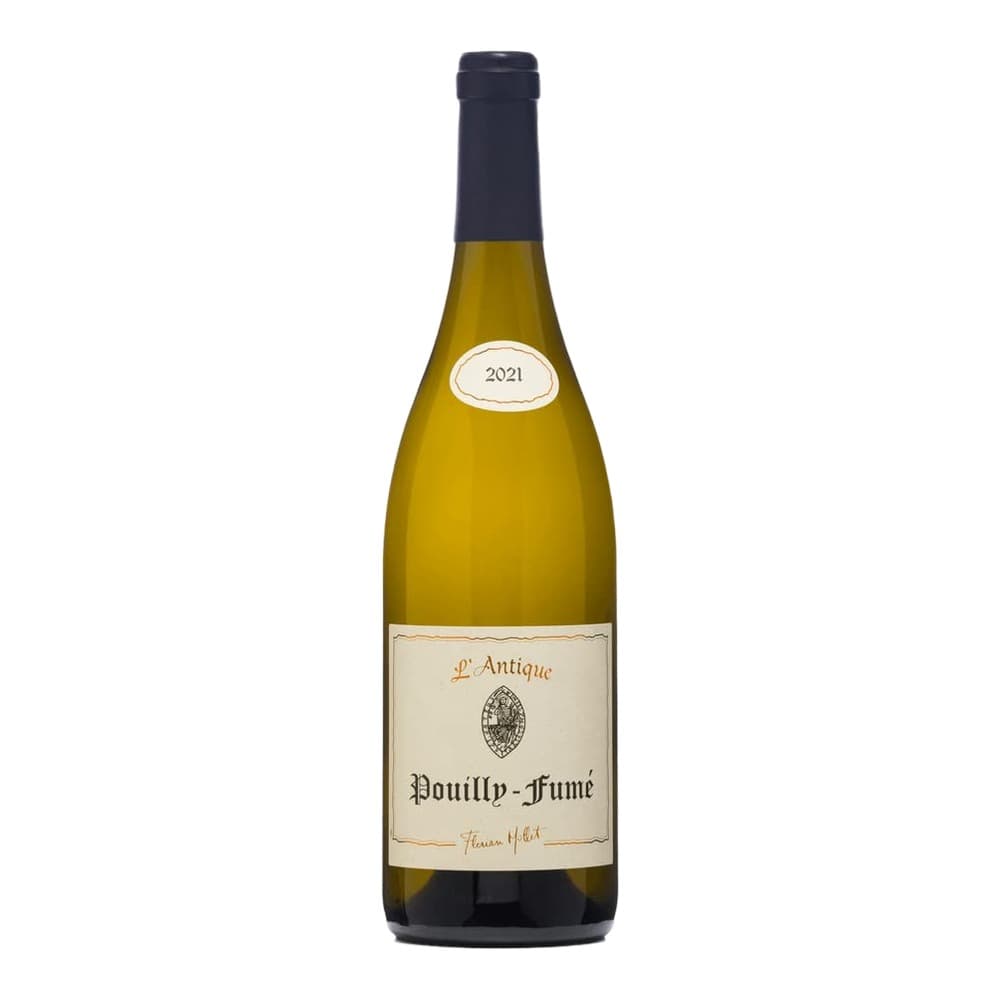 A bottle of L'Antique Pouilly-Fumé 2021 white wine with a dark navy capsule and cream-coloured label, photographed against a plain white background.