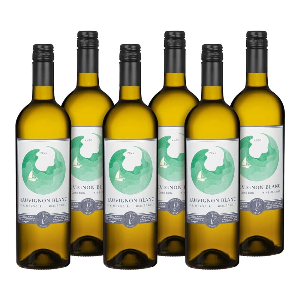 Six bottles of Sauvignon Blanc white wine from Aconcagua, Chile, with green and white labels featuring a sailboat design, arranged on a white background.