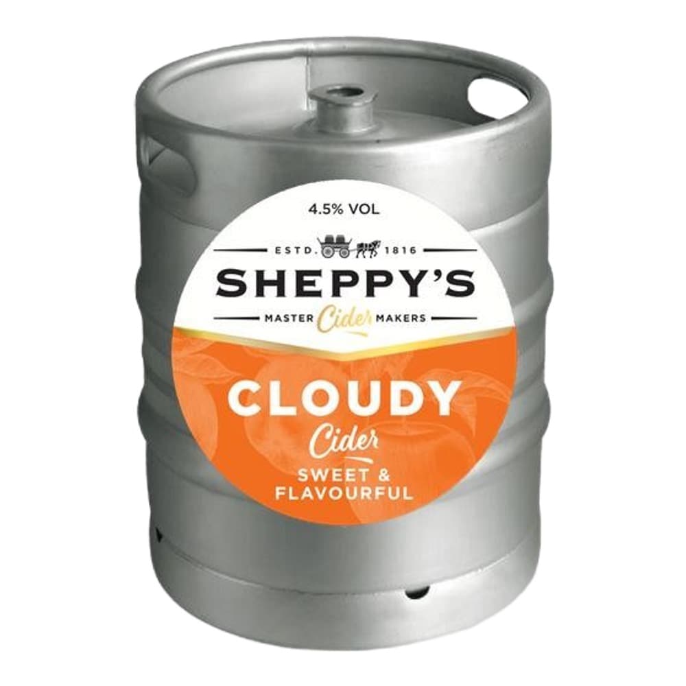 A silver metal keg of Sheppy's Cloudy Cider with an orange label featuring the brand name and 'Sweet & Flavourful' text, isolated on a white background.