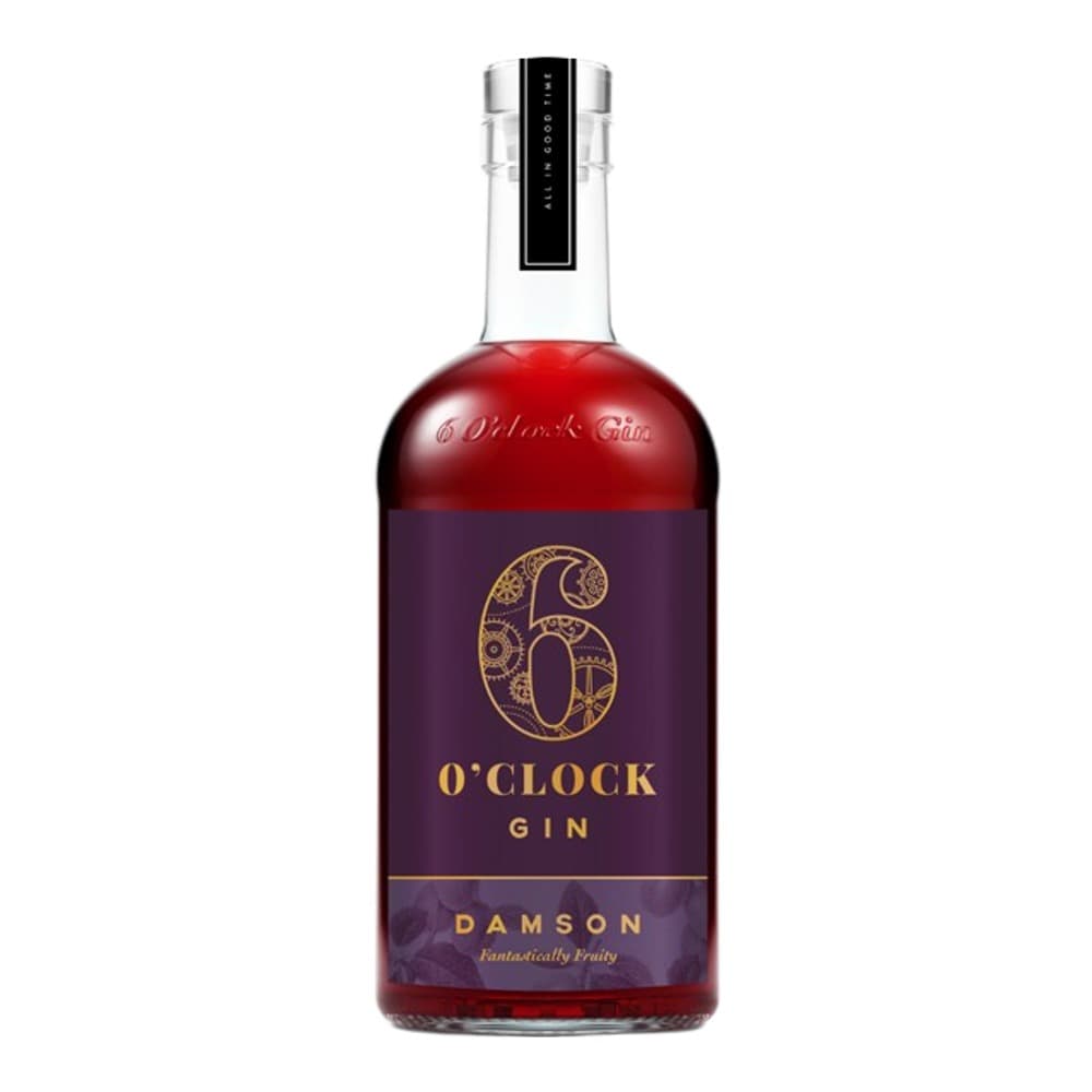 A bottle of 6 O'Clock Damson Gin with a dark purple label and gold lettering, featuring a white cap and filled with deep red liquid, photographed against a plain white background.