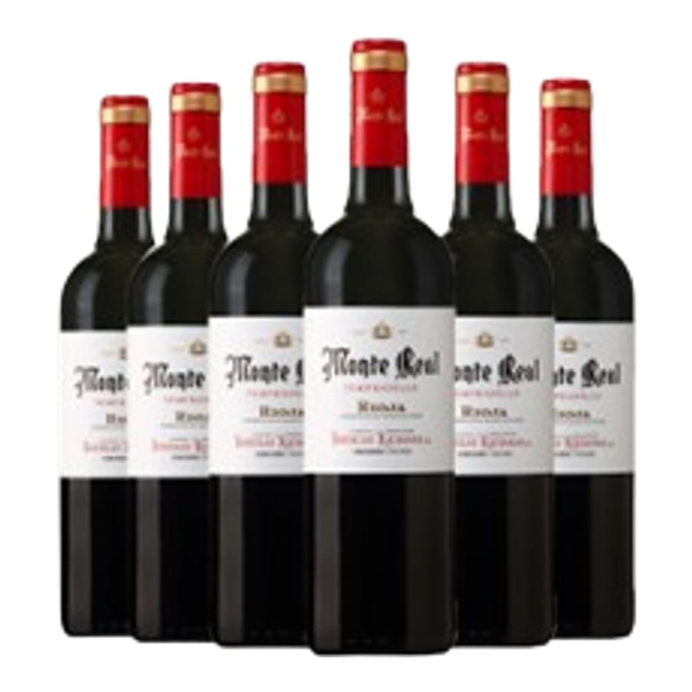 Six bottles of red wine arranged in a row against a white background, showcasing various labels and bottle designs.