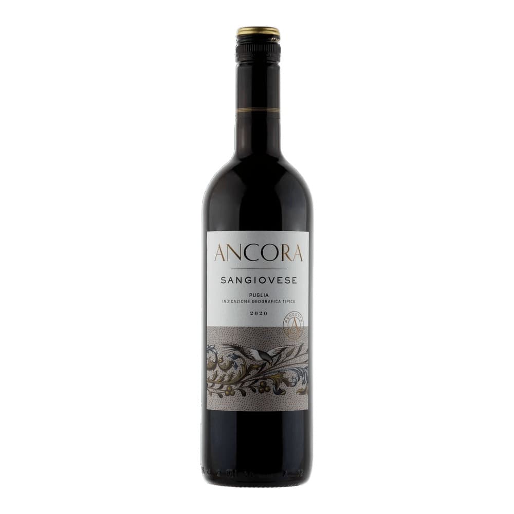 A bottle of Ancora Sangiovese red wine from Puglia, vintage 2020, featuring a white label with decorative ornamental design on a plain white background.