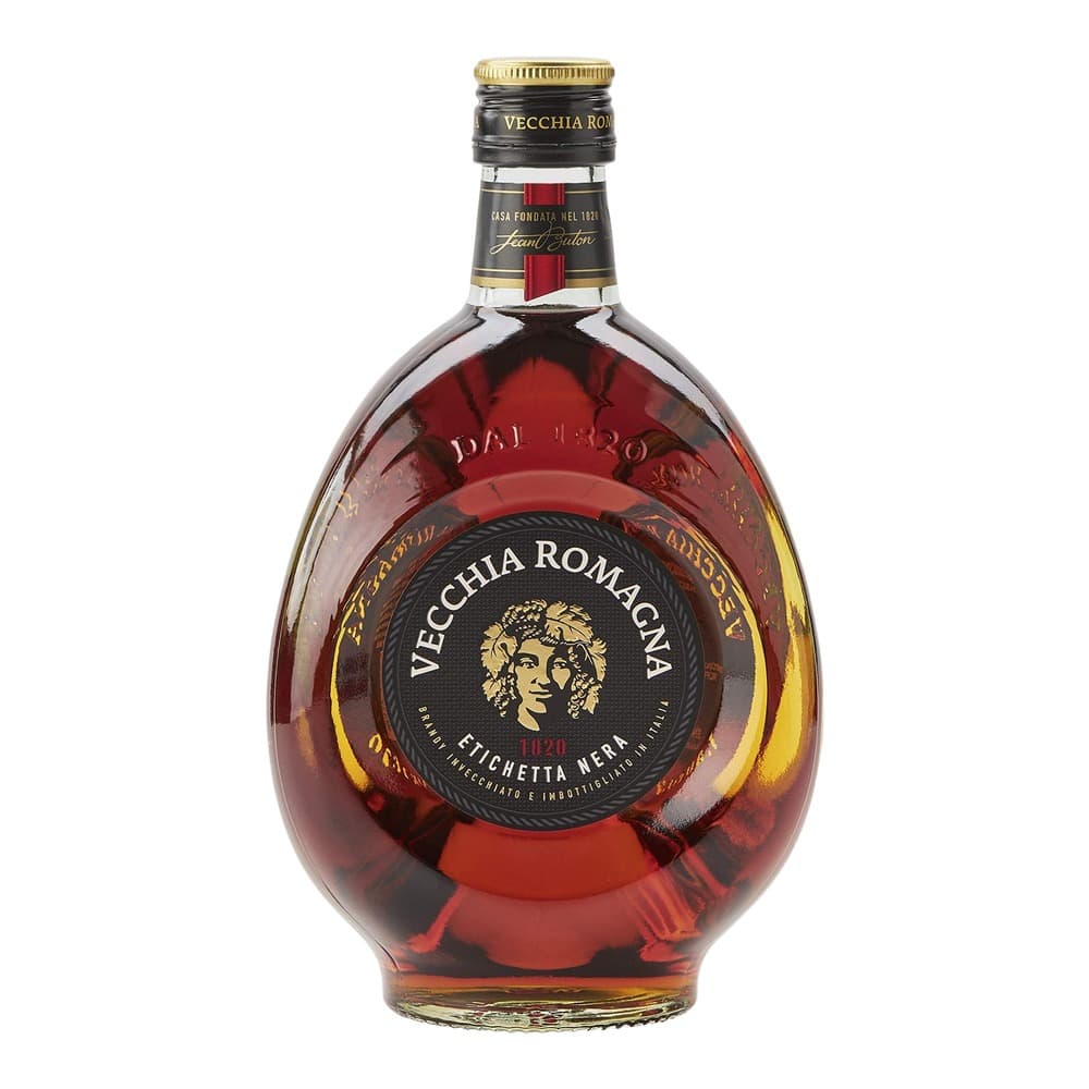 A bottle of Vecchia Romagna Italian brandy with a distinctive pear-shaped design, featuring a black label with a golden portrait and a gold-coloured cap, photographed against a white background.