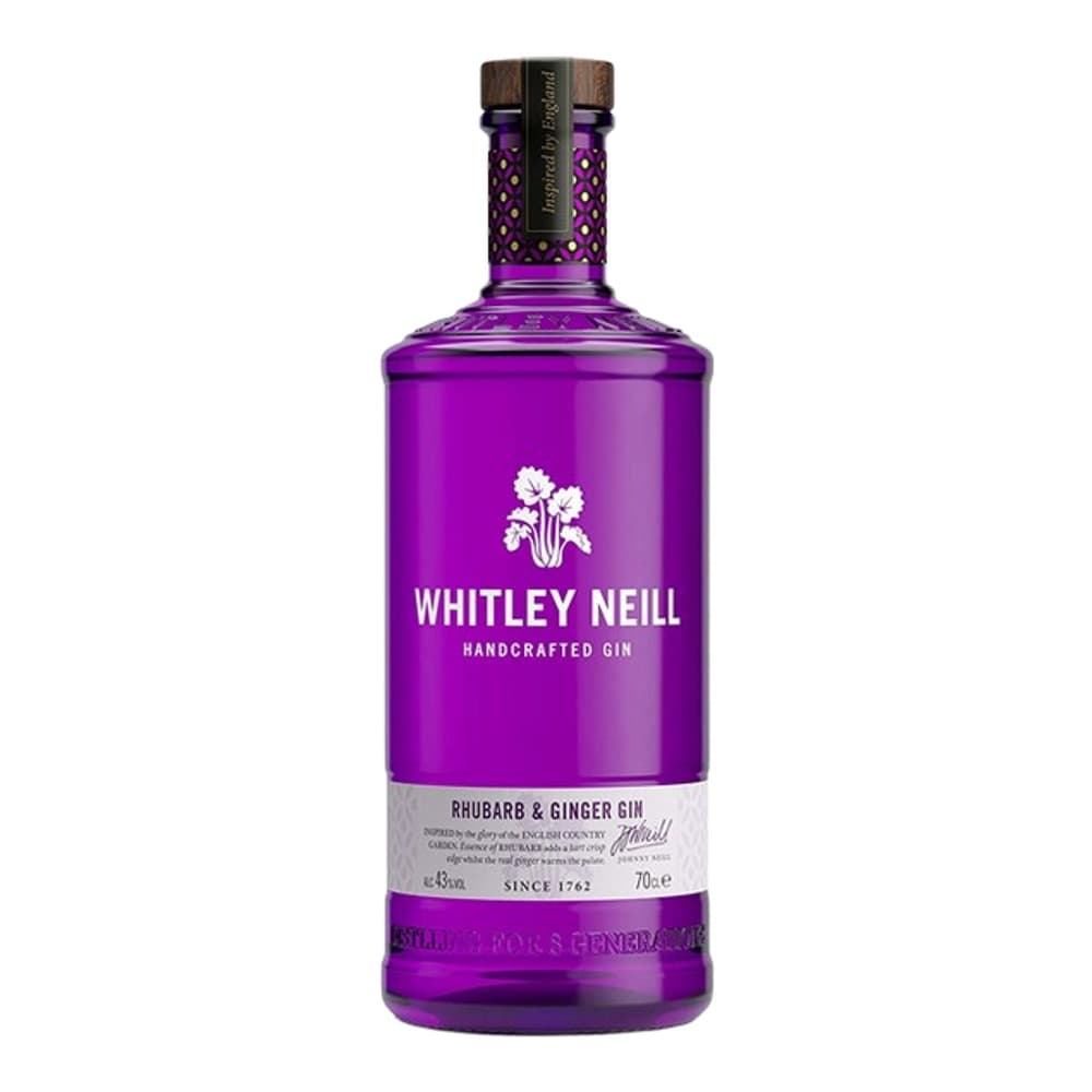A bottle of Whitley Neill handcrafted rhubarb and ginger gin with a distinctive purple glass body and brown cap, displayed against a white background.