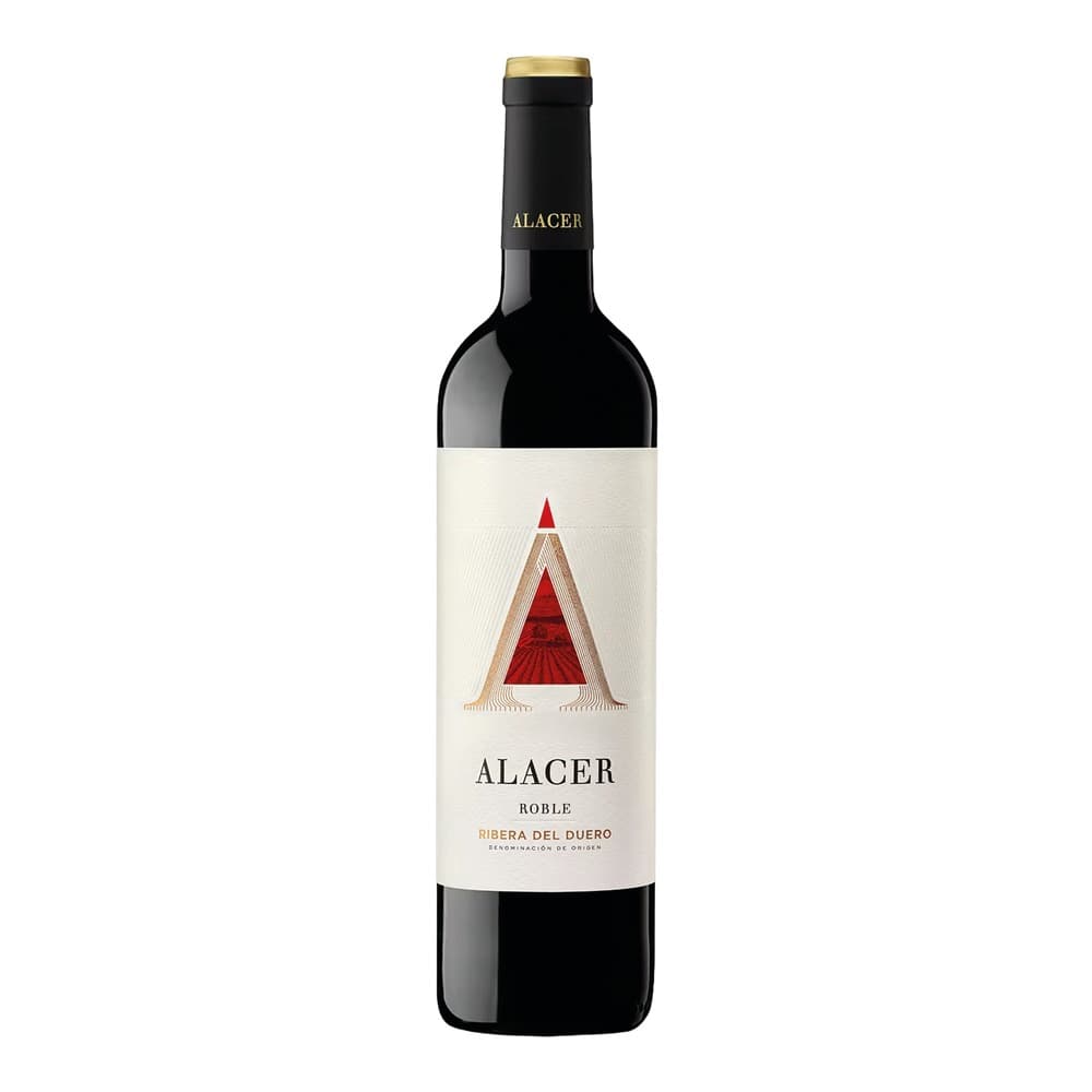 A bottle of Alacer Roble red wine from Ribera del Duero region, featuring a distinctive geometric red triangle design on a cream-coloured label, with a black capsule and foil top, photographed against a white background.