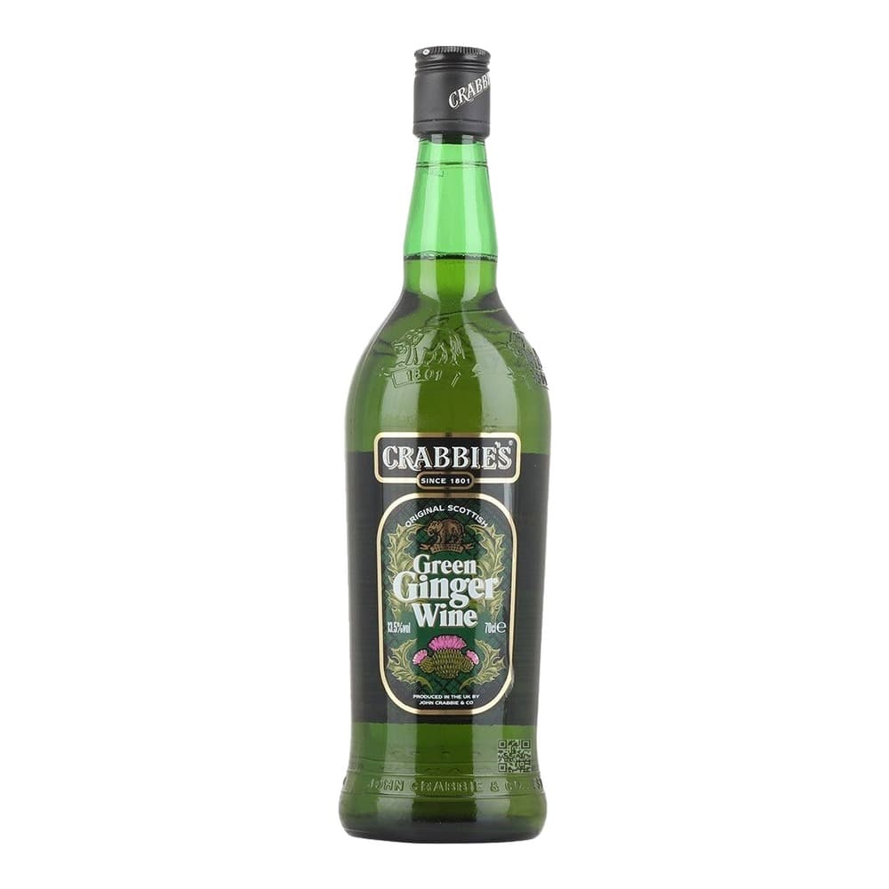 Bottle of Crabbies Green Ginger Wine with black label featuring thistle design on a white background