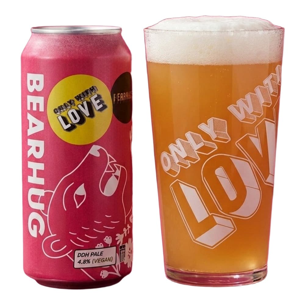 A pink craft beer can next to a full glass of golden ale against a vibrant pink background