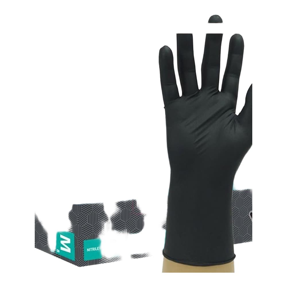 A black nitrile disposable glove displayed next to its product packaging box, showing the Bodyguards GL897 product range.
