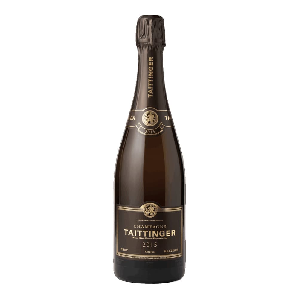 A bottle of Taittinger Champagne 2015 Brut against a white background, showing the label with vintage year and branding.