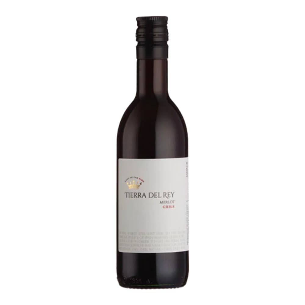 A bottle of Tierra Del Rey Merlot wine from Chile on a white background