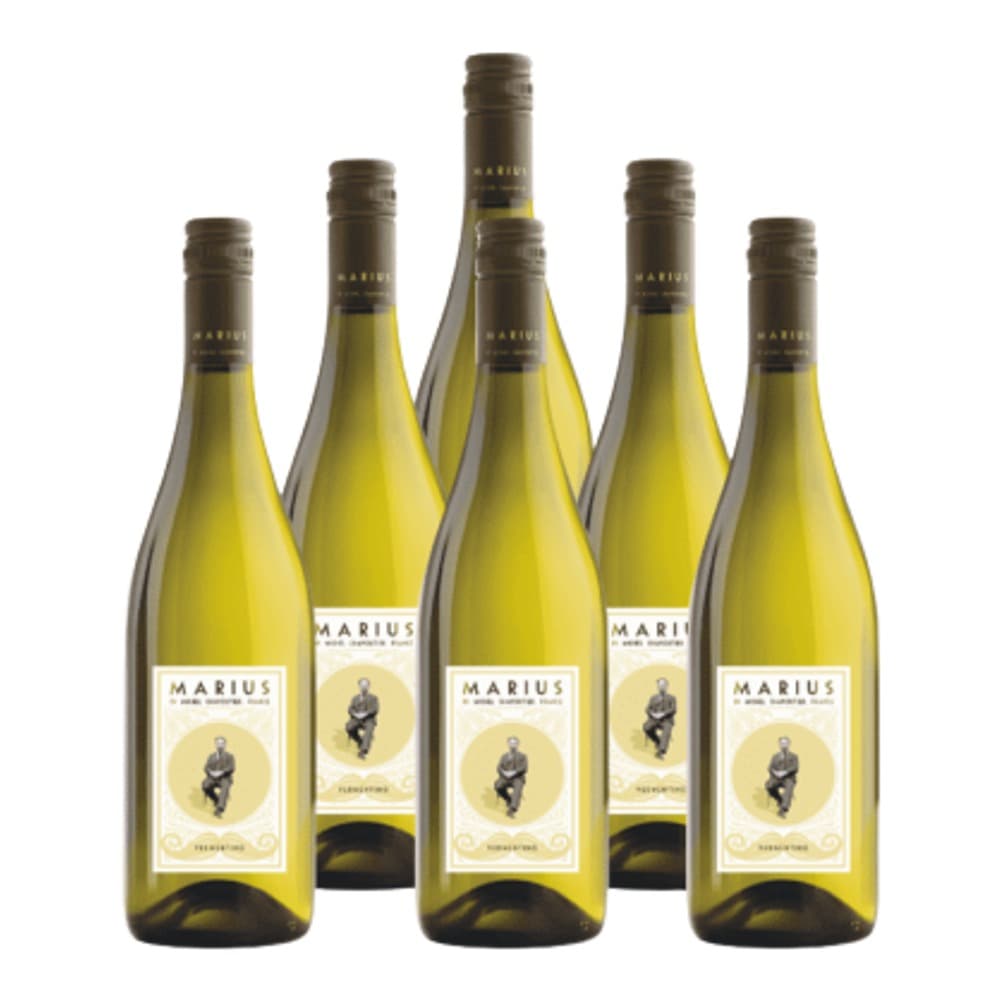 Five Marius white wine bottles arranged in a display with brown capsules and yellow-green glass, set against a white background with Goldenacre Wines branding.