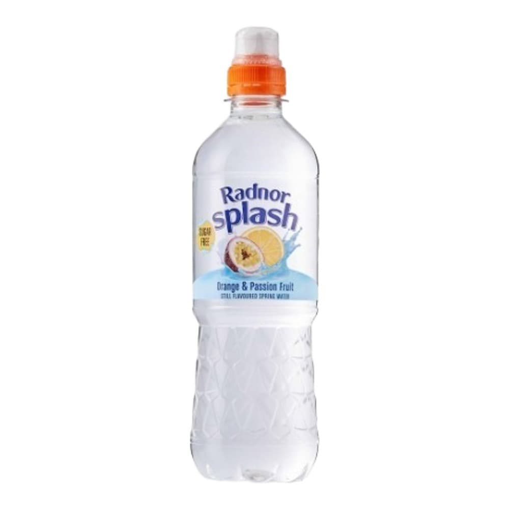 A clear plastic bottle of Radnor Splash orange and passion fruit flavoured water with an orange cap, displayed against a white background with a reflection below.