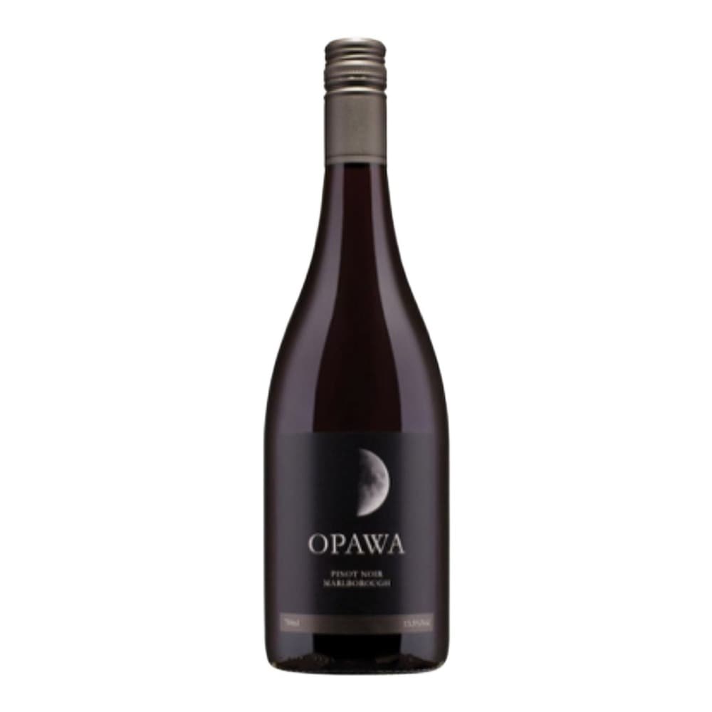 A bottle of OPAWA Pinot Noir Marlborough wine with a dark label featuring a crescent moon design, photographed against a white background.