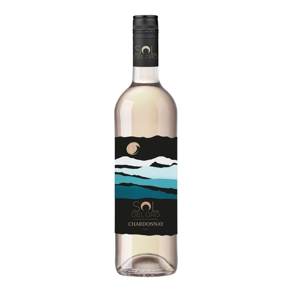 A bottle of Sol Deloro Chardonnay white wine against a white background, featuring a black label with blue watercolor waves and gold branding