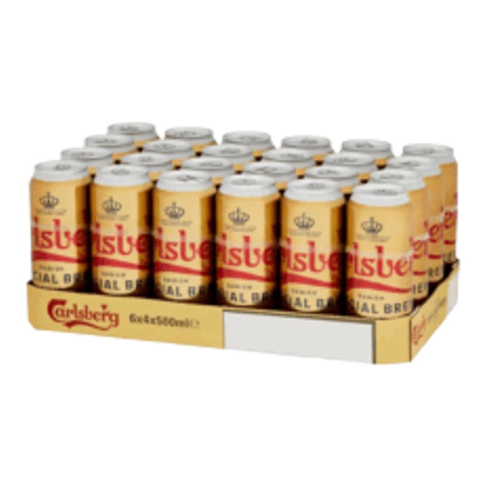 A cardboard multipack display box containing 12 cans of Carlsberg lager beer arranged in rows.
