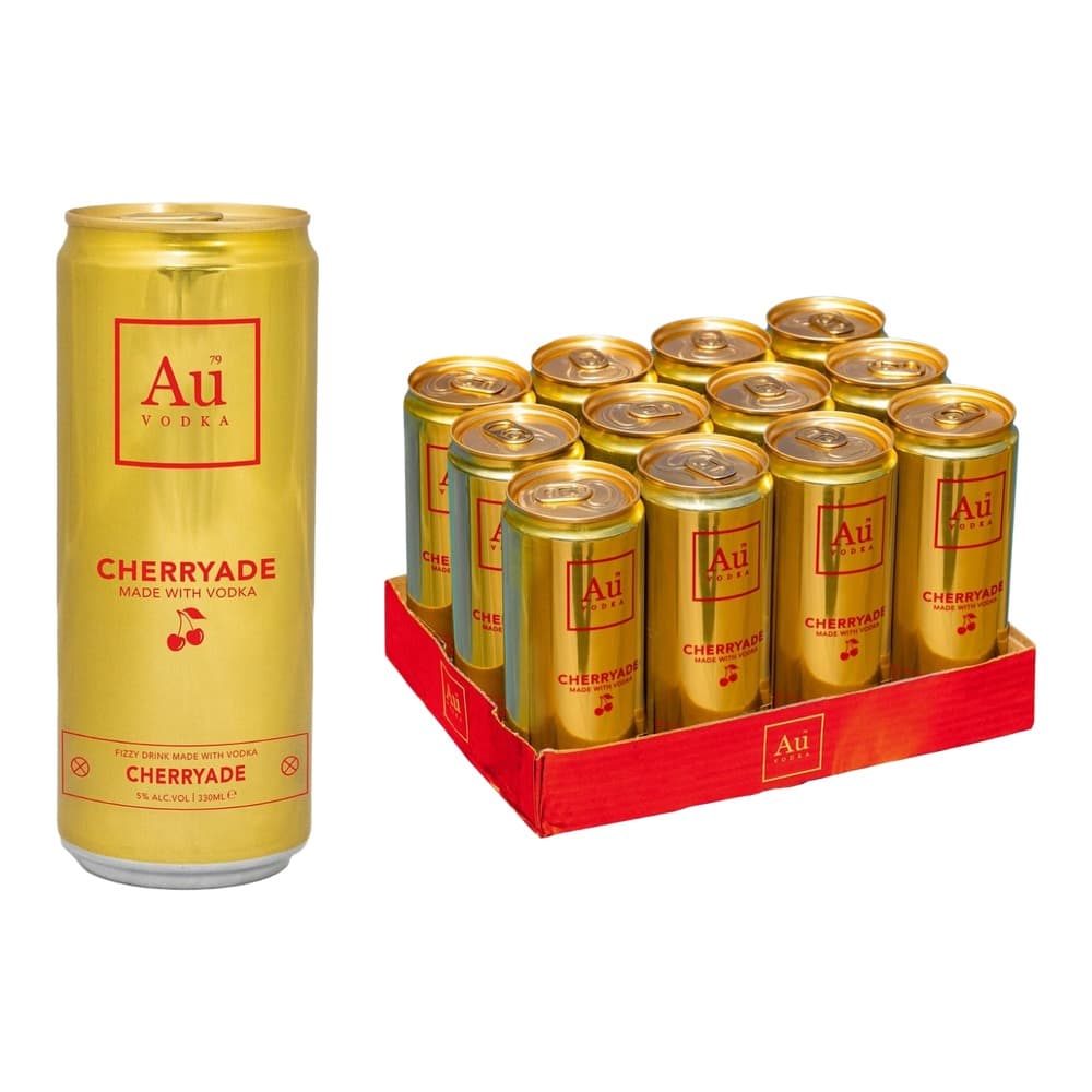 Gold cans of Au Vodka Cherryade fizzy drink displayed as a single 330ml can on the left and a multipack of cans in a red cardboard box on the right, featuring red labelling and cherry branding.
