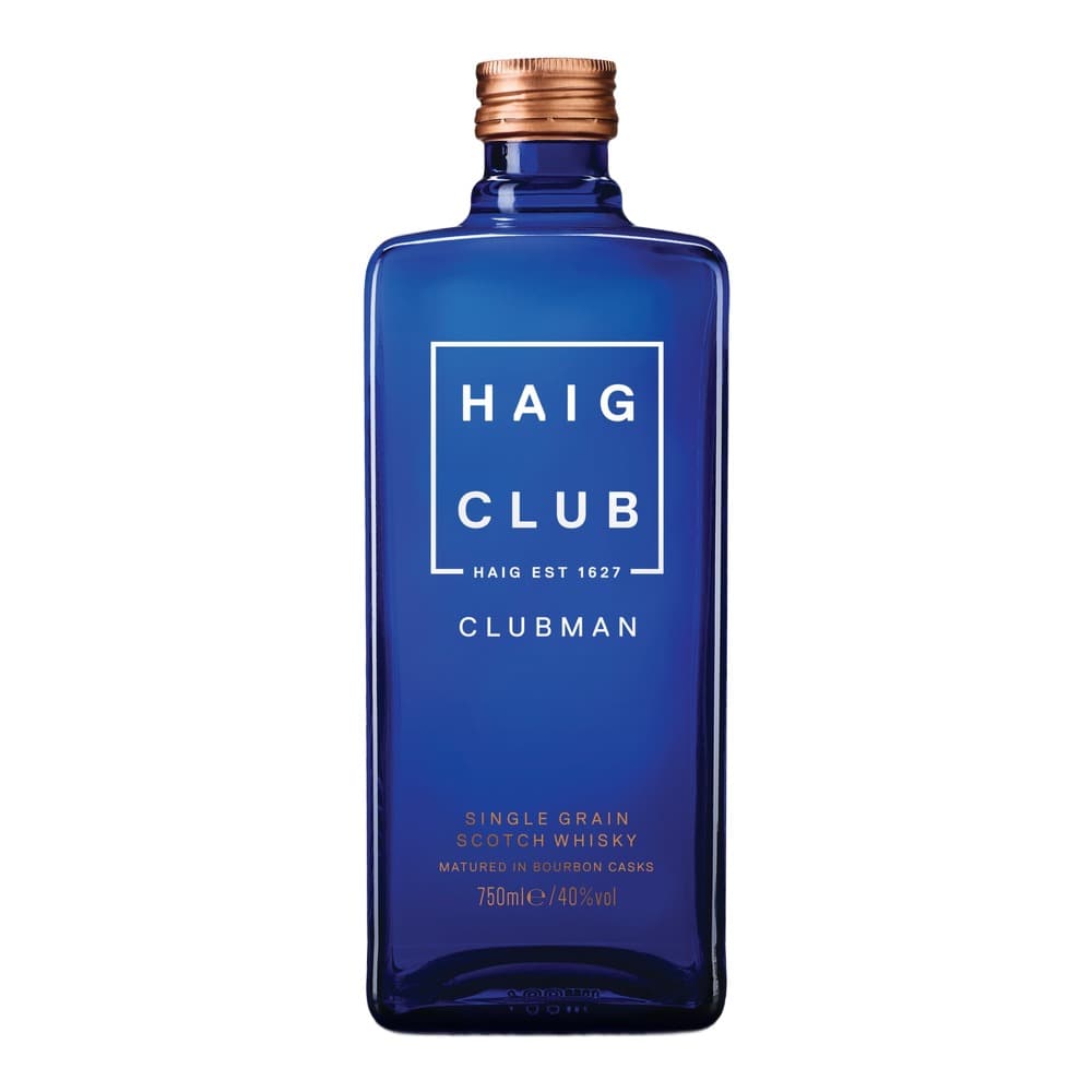 A blue glass bottle of Haig Club Clubman single grain Scotch whisky with a copper cap, displayed against a white background.