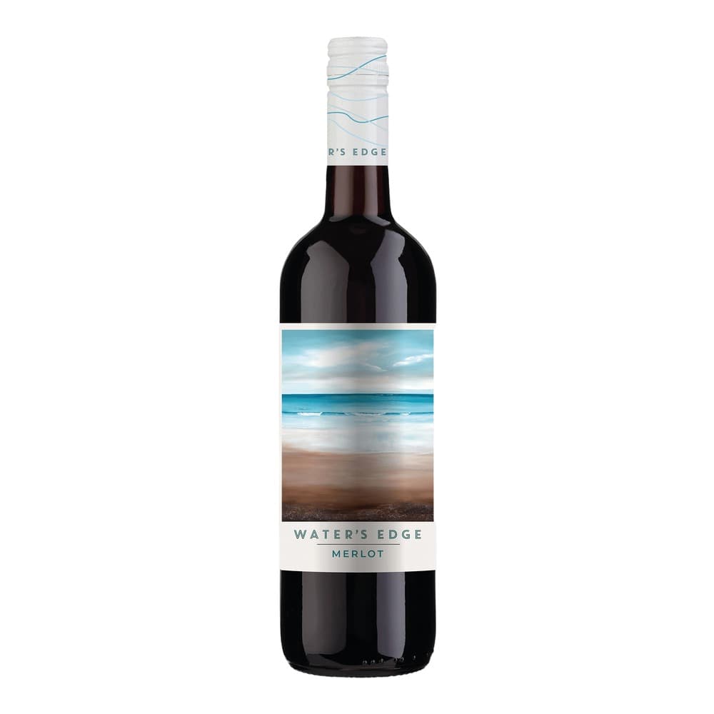 A bottle of Water's Edge Merlot red wine on a white background, featuring a coastal beach scene label design.