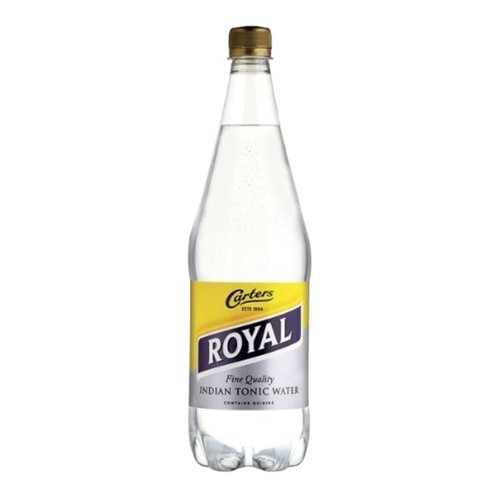A clear plastic bottle of Carters Royal Indian Tonic Water with a yellow label and gold cap, isolated on a white background.