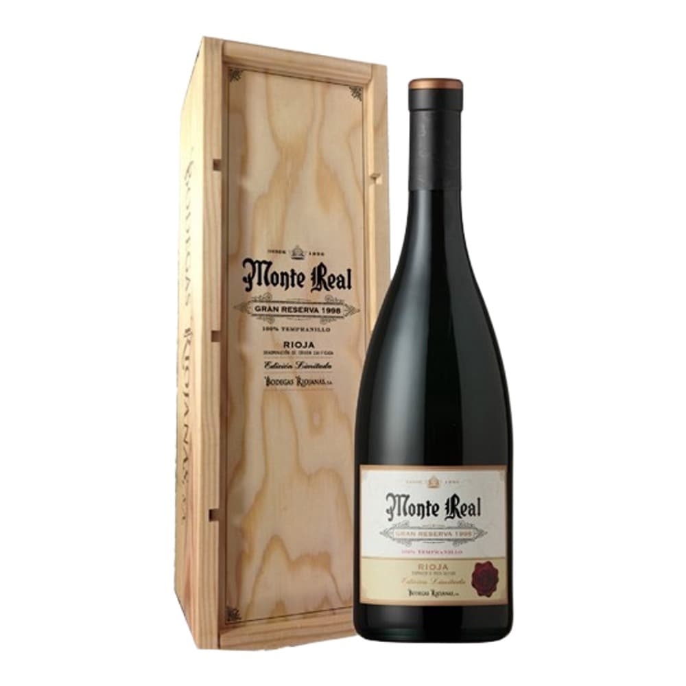 A bottle of Monte Real Rioja red wine next to its natural wooden presentation box, displayed against a white background.
