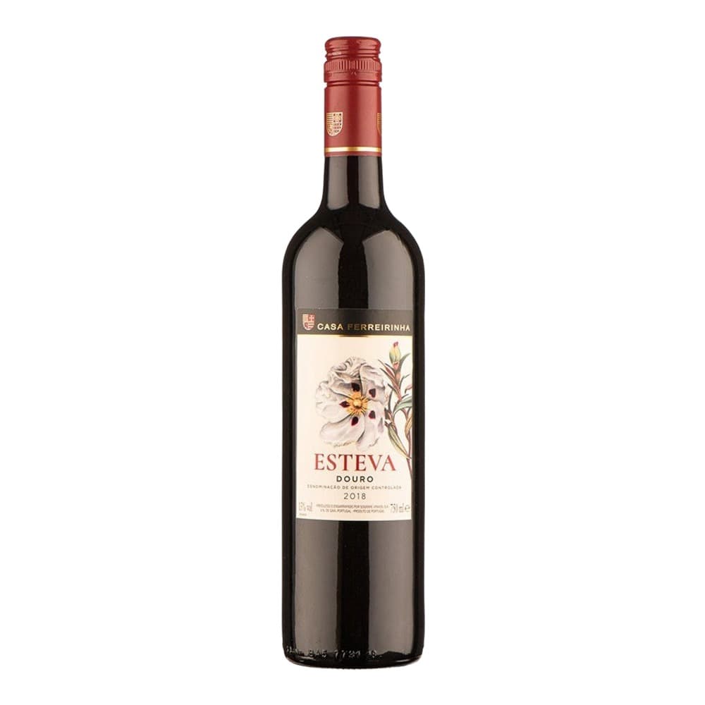 A bottle of Casa Ferreirinha Esteva Douro red wine from 2018 with a red capsule and label featuring an olive branch illustration, photographed against a white background.