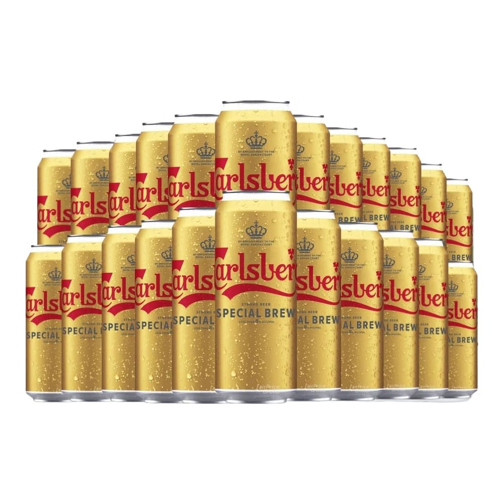Multiple golden Carlsberg Special Brew beer cans arranged in rows against a white background, displaying the distinctive red and gold branding and crown logo.