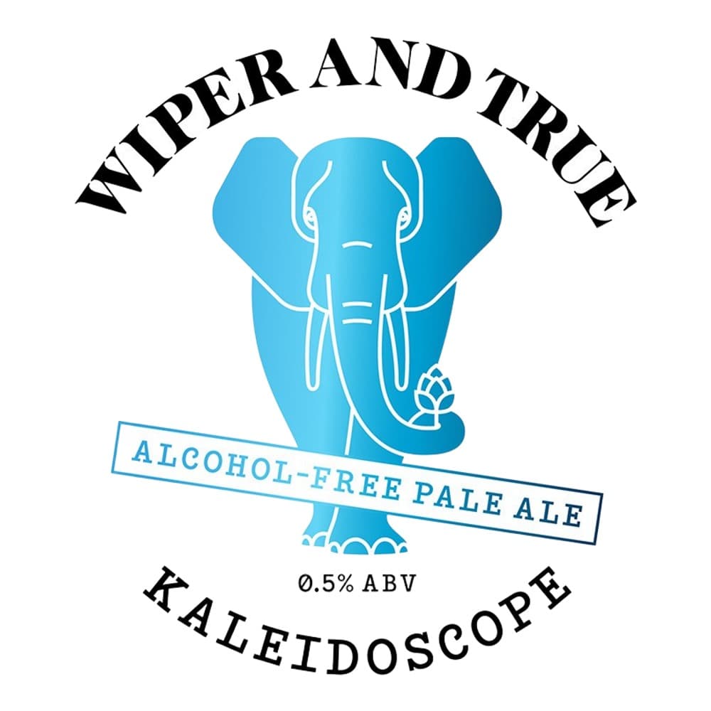 Blue elephant logo with tusks holding a hop leaf, text reading 'Wipper and True' and 'Kaleidoscope Alcohol-Free Pale Ale 0.5% ABV'