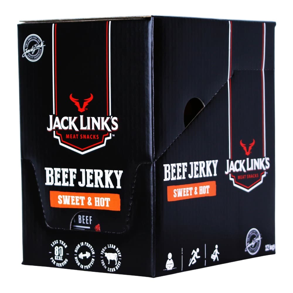 A black rectangular box of Jack Link's Meat Snacks Beef Jerky in Sweet & Hot flavour, featuring the brand's red bull logo and white text on a plain background.