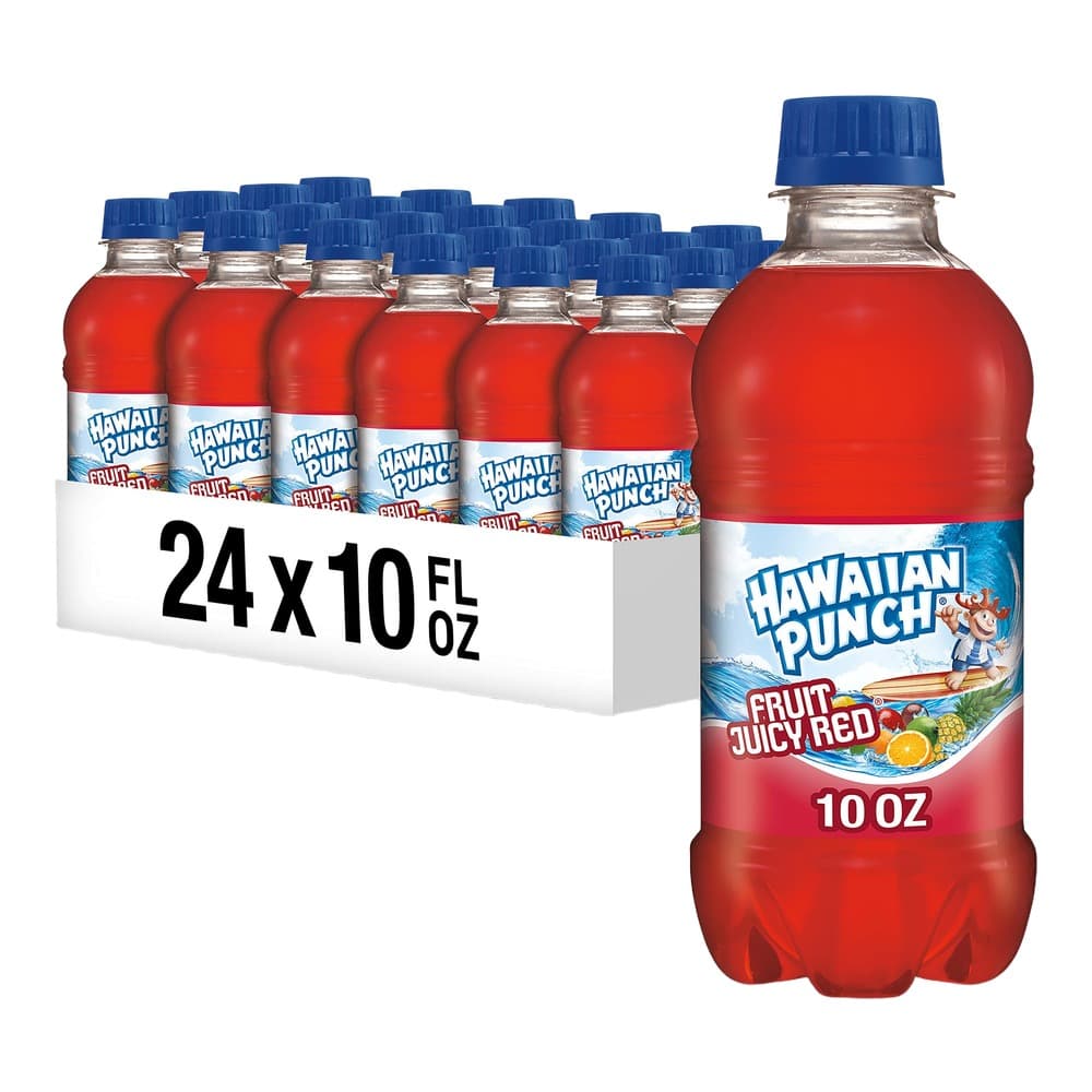A display of 24 bottles of Hawaiian Punch Fruit Juicy Red 10 fl oz bottles arranged in a white carton box with one bottle featured prominently in front