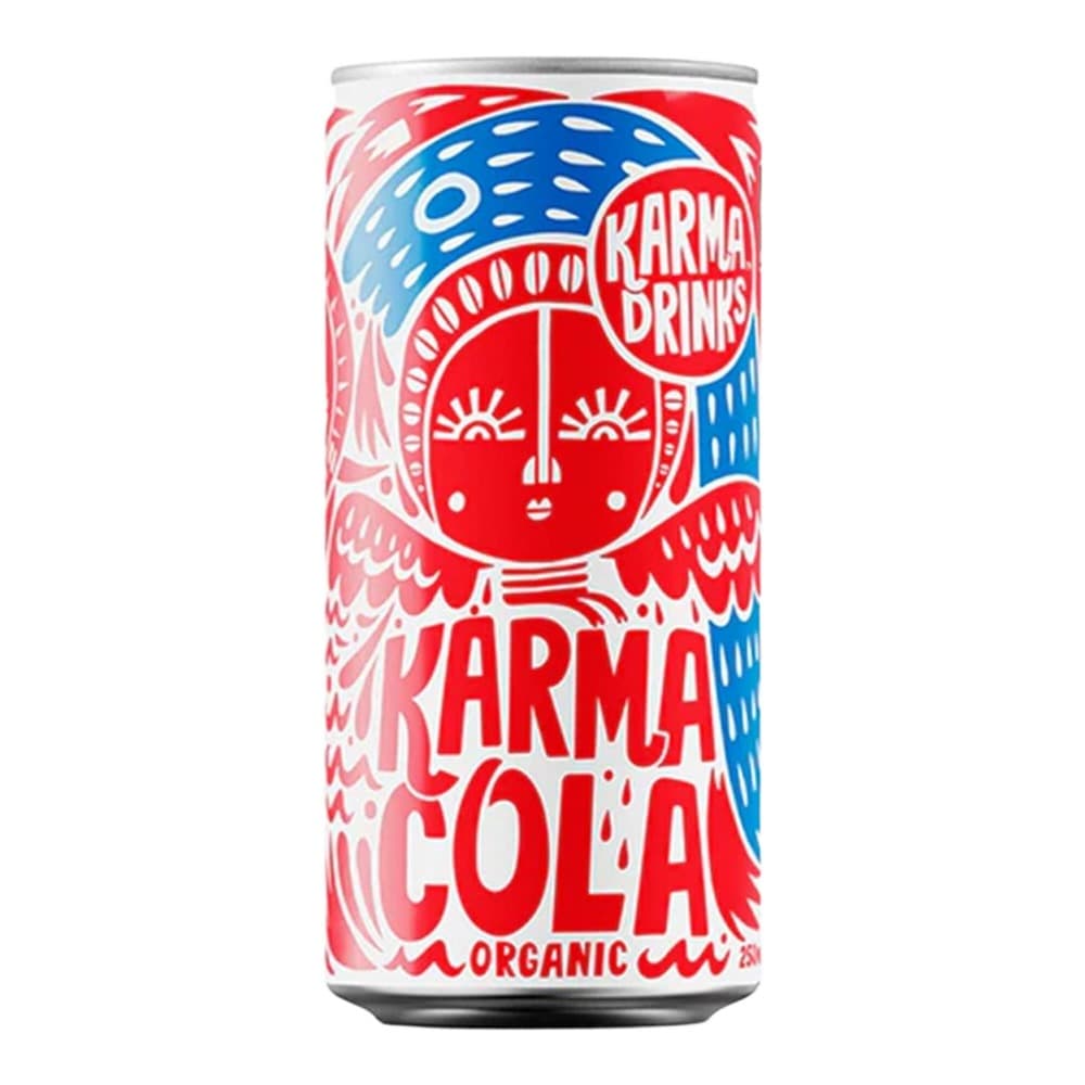 A Karma Drinks organic cola can featuring red and blue artwork with an artistic face design and wings motif against a white background.