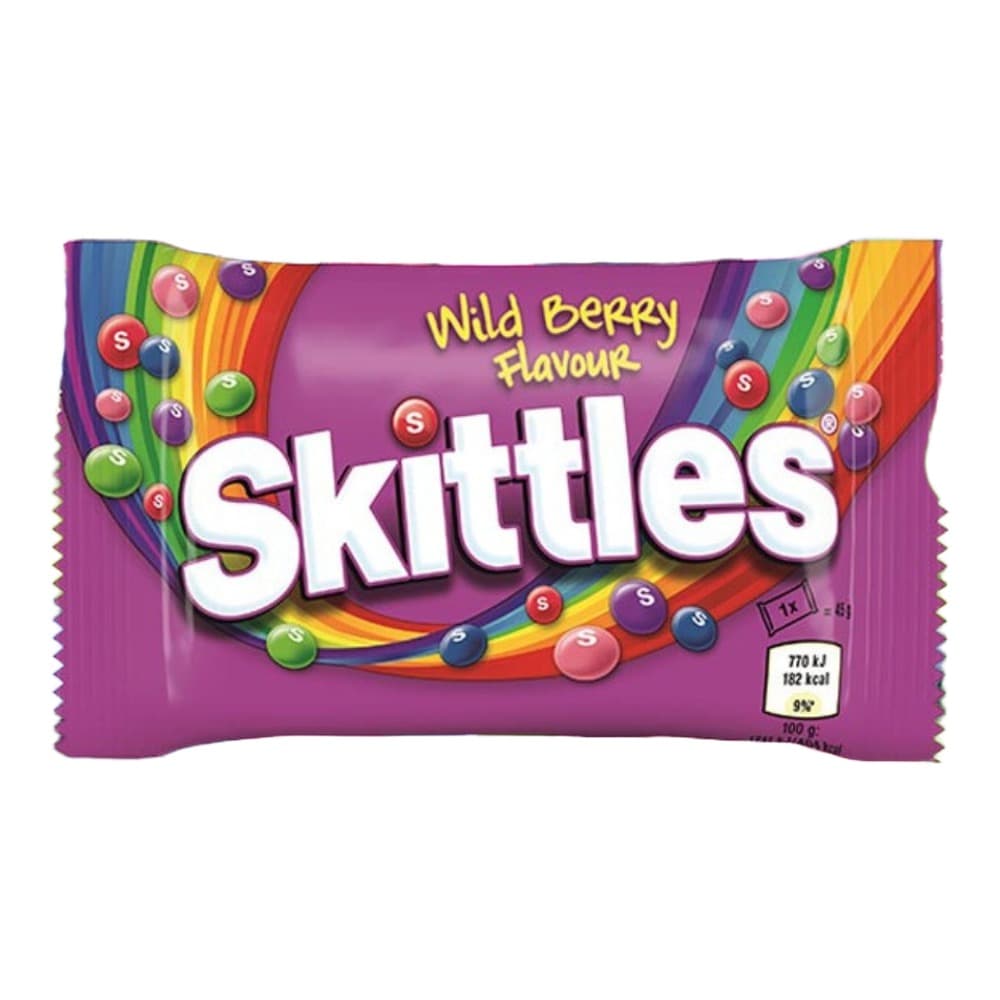A purple Skittles Wild Berry flavour packet surrounded by colourful round sweets in pink, blue, green, red, and purple