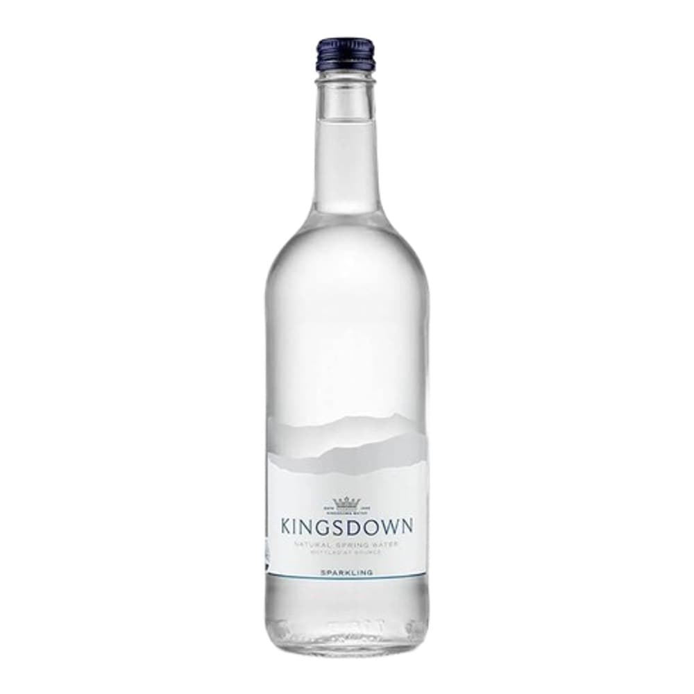 Clear glass bottle of Kingsdown sparkling water with navy blue cap, displayed against a white background with a 12x750ml package quantity indicator.