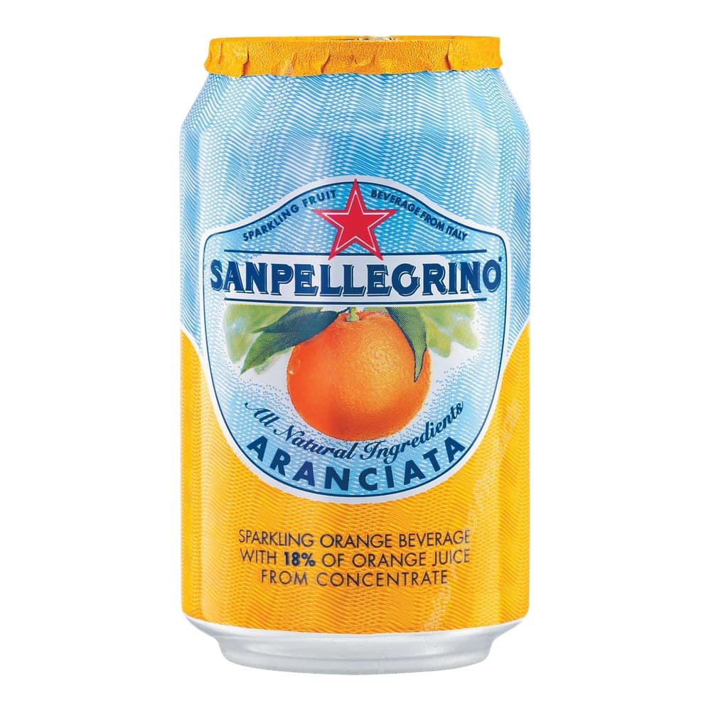 A Sanpellegrino Aranciata sparkling orange beverage can with yellow and blue label featuring an orange fruit illustration, displayed against a white background.