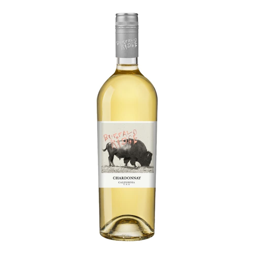 A bottle of Buffalo Ridge Chardonnay white wine from California, displayed against a plain white background with a silver foil cap and label featuring a black buffalo illustration.